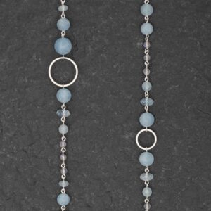 Collana Artigianale fatta a mano Lunga in Argento 925 - Silver - con pietre naturali colore azzurro e grigio - Acquamarina Labradorite Spectrolite - Topazio - Design Simmetrico - Cerchi Anelli - Baco Ortigia - Siracusa