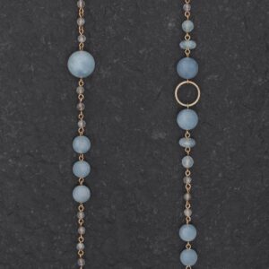 Collana Artigianale fatta a mano Lunga in Bronzo - Rame Ottone Oro Dorato - con pietre naturali colore azzurro e grigio - Acquamarina Labradorite Spectrolite - Topazio - Design Asimmetrico - Cerchi Anelli - Baco Ortigia - Siracusa