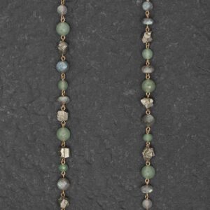Collana Artigianale fatta a mano Corta in Bronzo - Rame Ottone Oro Dorato - con pietre naturali colore verde, grigio e cristalli dorati - Avventurina, Labradorite Spectrolite e Pirite - Smeraldo - Baco Ortigia - Siracusa