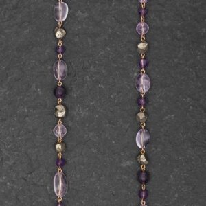 Collana Artigianale fatta a mano Corta in Bronzo - Rame Ottone Oro Dorato - con pietre naturali colore viola e cristalli dorati - Ametista Quarzo Rosa di Francia e Pirite - Baco Ortigia - Siracusa