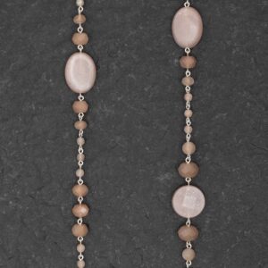 Collana Artigianale fatta a mano Lunga in Argento 925 - Silver - con pietre naturali colore rosa - Pietra di Luna Lunaria Adularia - Design Simmetrico - Baco Ortigia - Siracusa