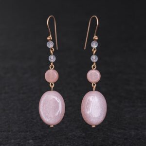Orecchini Artigianali fatti a mano leggeri in Bronzo - Rame Ottone Oro Dorato - con pietre naturali colore rosa e grigio - Pietra di Luna Lunaria Adularia Labradorite Spectrolite - Baco Ortigia - Siracusa