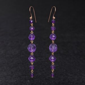 Orecchini Artigianali fatti a mano lunghi leggeri in Bronzo - Rame Ottone Oro Dorato - con pietra naturale colore viola - Ametista Quarzo - Baco Ortigia - Siracusa