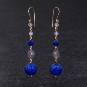 Orecchini Artigianali fatti a mano leggeri in Bronzo - Rame Ottone Oro Dorato - con pietre naturali colore blu e grigio - Lapislazzuli Lapis Labradorite Spectrolite - Baco Ortigia - Siracusa