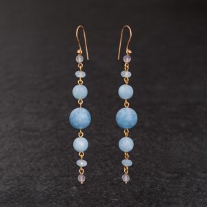Orecchini Artigianali fatti a mano lunghi leggeri in Bronzo - Rame Ottone Oro Dorato - con pietre naturali colore azzurro e grigio - Acquamarina e Labradorite Spectrolite - Topazio - Baco Ortigia - Siracusa