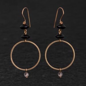Orecchini Artigianali fatti a mano leggeri in Bronzo - Rame Ottone Oro Dorato - con pietre naturali colore nero e marrone - Onice e Quarzo Fumé affumicato - Design cerchio anello - Baco Ortigia - Siracusa