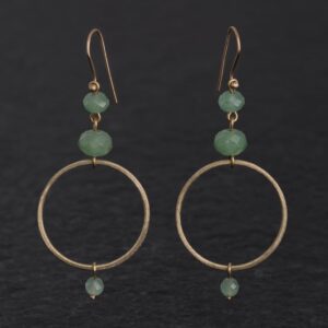 Orecchini Artigianali fatti a mano leggeri in Bronzo - Rame Ottone Oro Dorato - con pietra naturale colore verde - Avventurina - Smeraldo - Design cerchio anello - Baco Ortigia - Siracusa