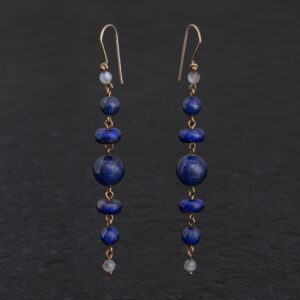 Orecchini Artigianali fatti a mano lunghi leggeri in Bronzo - Rame Ottone Oro Dorato - con pietre naturali blu e grigio - Lapislazzuli Lapis Labradorite Spectrolite - Baco Ortigia - Siracusa